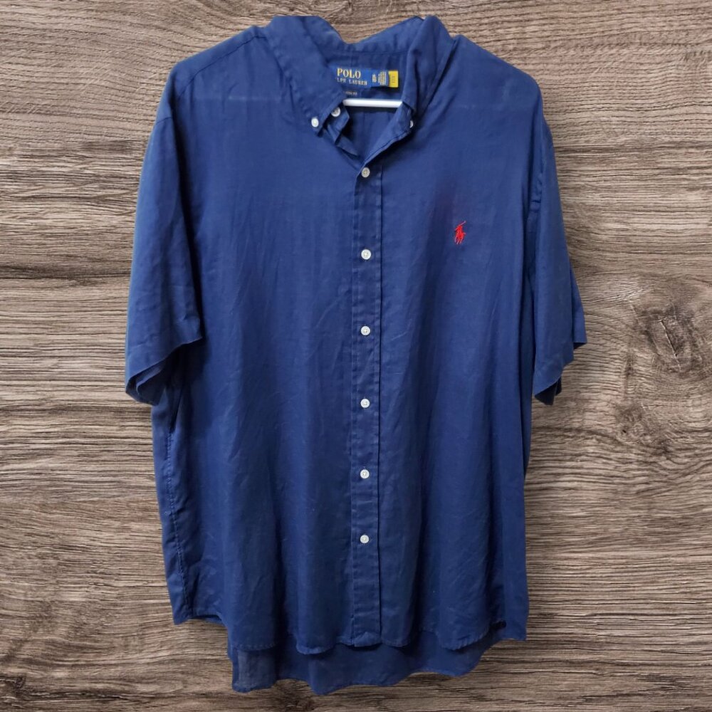 Polo Ralph Lauren Men’s XL 100% Linen Navy Blue Stripe Short Sleeve Classic Fit‎